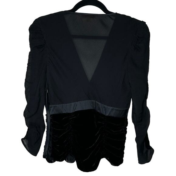 Catherine Malandrino Black Deep-V Gauze Satin Velvet Ruched 3/4 Sleeve Blouse S - Picture 6 of 12
